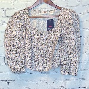 Levi’s Beige Blue Floral Puff Sleeve Button Down Top Size X-Small